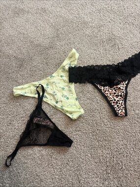 Victoria's Secret Thong Trio - Black, Lime Green, Leopard